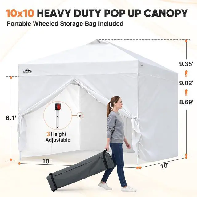Alt view image 3 of 7 - 10x10 Commercial Pop Up Canopy Tent, White | 4 Sidewalls, Anti-Pooling Umbrella-Rib Roof, Easy 1-Person Setup, Vented Top, Wheeled Bag & Anchor Kit