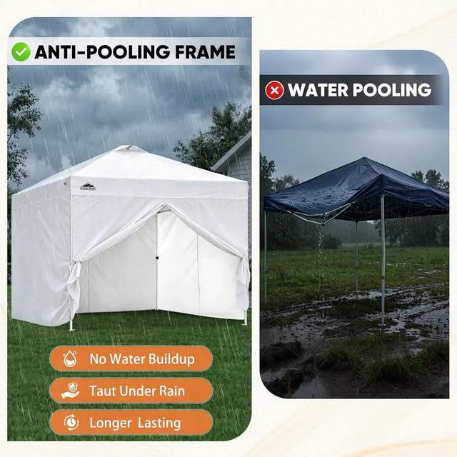 Alt view image 6 of 7 - 10x10 Commercial Pop Up Canopy Tent, White | 4 Sidewalls, Anti-Pooling Umbrella-Rib Roof, Easy 1-Person Setup, Vented Top, Wheeled Bag & Anchor Kit