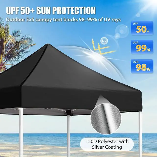 Alt view image 2 of 7 - 5x5 Pop Up Canopy Tent Instant Outdoor Canopy Easy Set-up Straight Leg Folding Shelter, Black