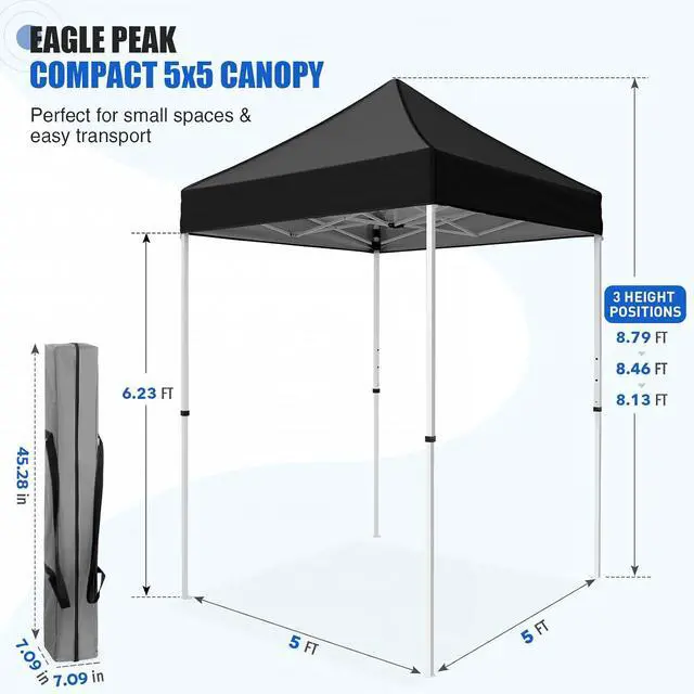 Alt view image 3 of 7 - 5x5 Pop Up Canopy Tent Instant Outdoor Canopy Easy Set-up Straight Leg Folding Shelter, Black