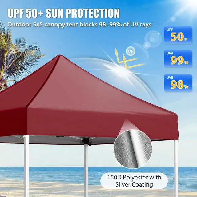 Alt view image 2 of 7 - 5x5 Pop Up Canopy Tent Instant Outdoor Canopy Easy Set-up Straight Leg Folding Shelter, Burgundy
