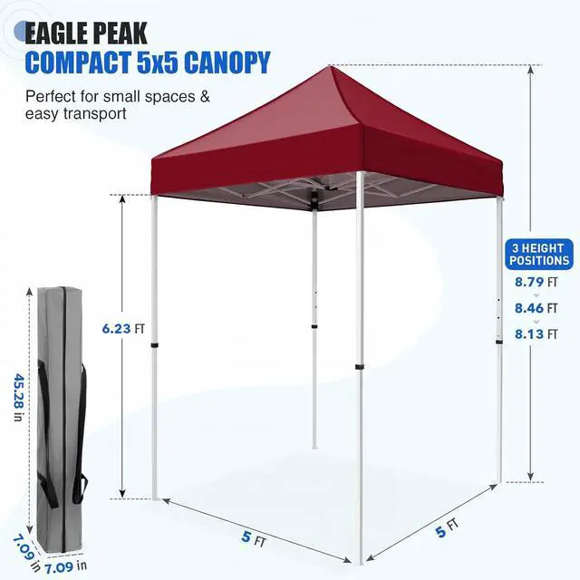 Alt view image 3 of 7 - 5x5 Pop Up Canopy Tent Instant Outdoor Canopy Easy Set-up Straight Leg Folding Shelter, Burgundy