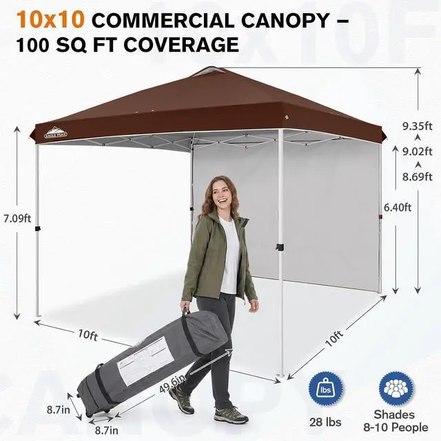 Alt view image 3 of 7 - Commercial Canopy 10x10 Pop Up Canopy Tent with 1 Sidewall, Easy Setup Heavy Duty Instant Event Shelter for Vendors & Markets, Outdoor Sun Shade, Dark Brown