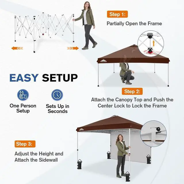 Alt view image 6 of 7 - Commercial Canopy 10x10 Pop Up Canopy Tent with 1 Sidewall, Easy Setup Heavy Duty Instant Event Shelter for Vendors & Markets, Outdoor Sun Shade, Dark Brown