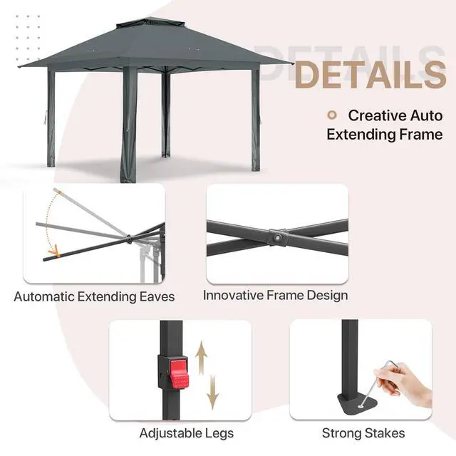 Alt view image 3 of 7 - 13x13 Pop Up Gazebo with 4 Wall Panels, Easy Up Canopy for Patio and Backyard, Easy Set up Outdoor Gazebo (Gray)
