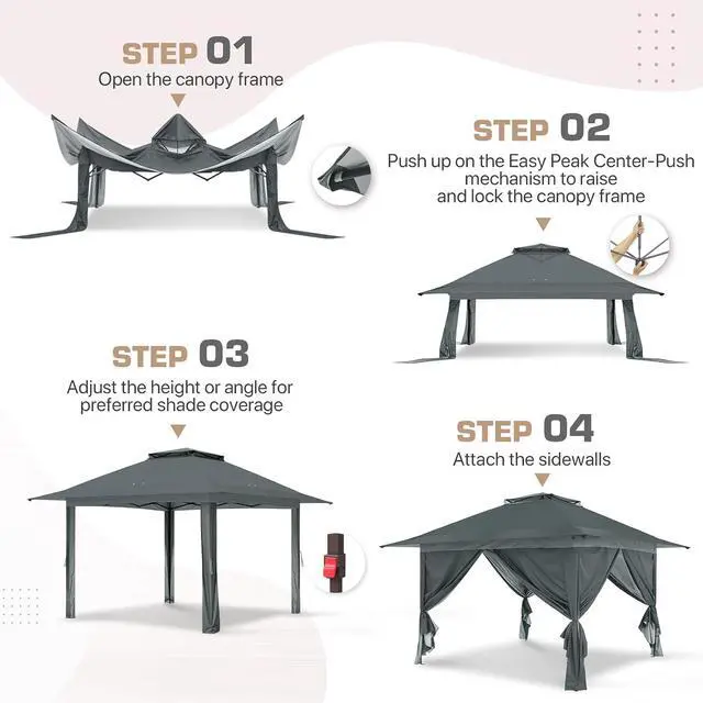 Alt view image 4 of 7 - 13x13 Pop Up Gazebo with 4 Wall Panels, Easy Up Canopy for Patio and Backyard, Easy Set up Outdoor Gazebo (Gray)
