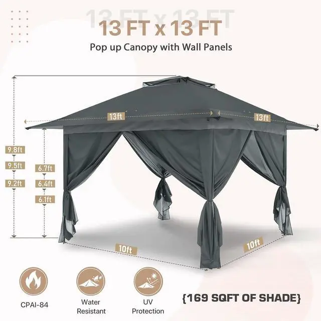 Alt view image 6 of 7 - 13x13 Pop Up Gazebo with 4 Wall Panels, Easy Up Canopy for Patio and Backyard, Easy Set up Outdoor Gazebo (Gray)