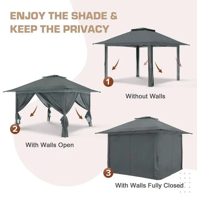 Alt view image 7 of 7 - 13x13 Pop Up Gazebo with 4 Wall Panels, Easy Up Canopy for Patio and Backyard, Easy Set up Outdoor Gazebo (Gray)