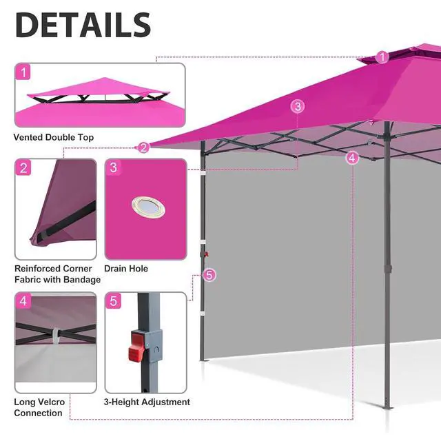 Alt view image 4 of 7 - 13x13 Pop up Canopy Tent w/One Wall, Instant Canopy Easy Set up Folding Shelter w/One Privacy Curtain, 169 Square Feet Sun Shade, Light Pink