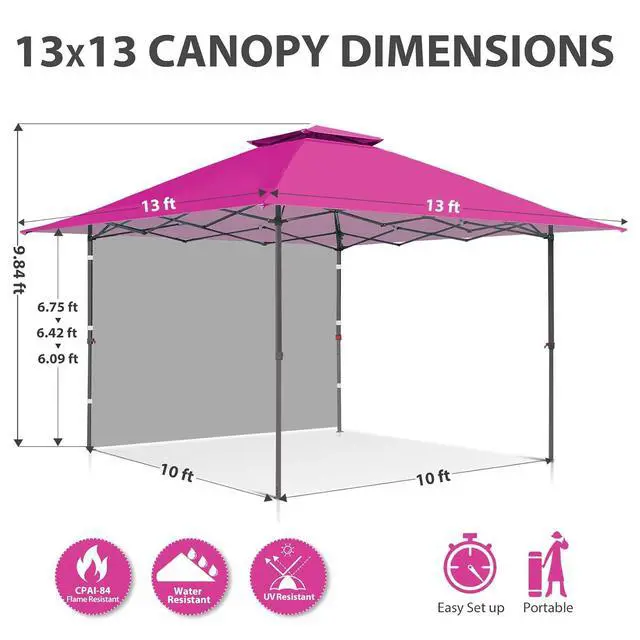 Alt view image 3 of 7 - 13x13 Pop up Canopy Tent w/One Wall, Instant Canopy Easy Set up Folding Shelter w/One Privacy Curtain, 169 Square Feet Sun Shade, Light Pink
