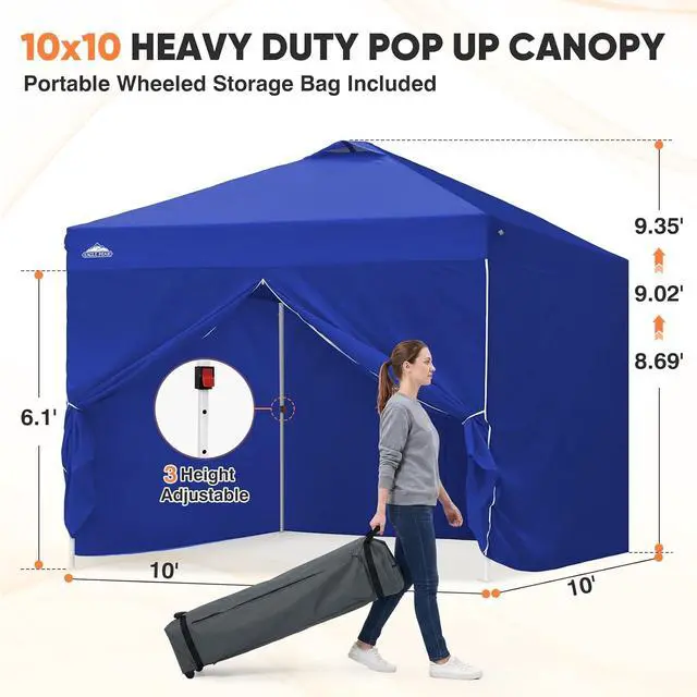 Alt view image 3 of 7 - 10x10 Commercial Pop Up Canopy Tent, Blue | 4 Sidewalls, Anti-Pooling Umbrella-Rib Roof, Easy 1-Person Setup, Vented Top, Wheeled Bag & Anchor Kit