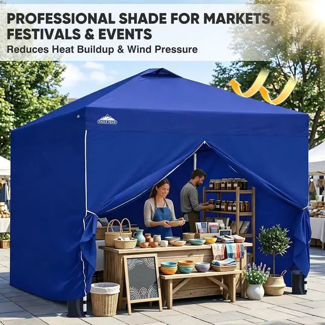Alt view image 4 of 7 - 10x10 Commercial Pop Up Canopy Tent, Blue | 4 Sidewalls, Anti-Pooling Umbrella-Rib Roof, Easy 1-Person Setup, Vented Top, Wheeled Bag & Anchor Kit