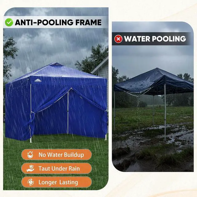 Alt view image 6 of 7 - 10x10 Commercial Pop Up Canopy Tent, Blue | 4 Sidewalls, Anti-Pooling Umbrella-Rib Roof, Easy 1-Person Setup, Vented Top, Wheeled Bag & Anchor Kit
