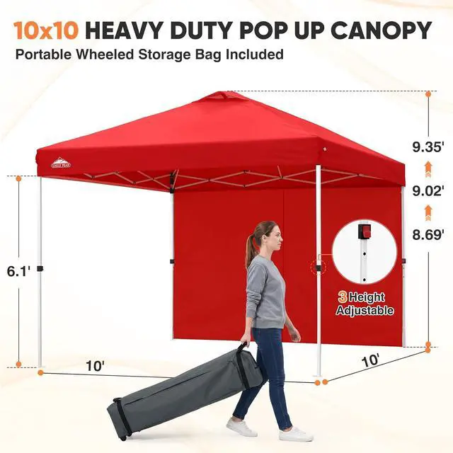 Alt view image 3 of 7 - 10x10 Commercial Pop Up Canopy Tent with Sidewall, Anti-Pooling Umbrella-Rib Roof, Easy 1-Person Setup, Vented Top, Wheeled Bag & Anchor Kit Markets, Festivals & Events, Red