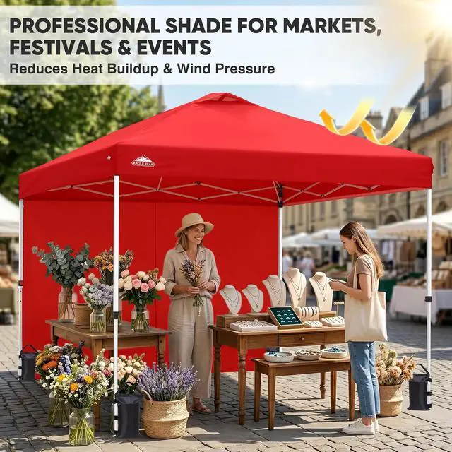 Alt view image 4 of 7 - 10x10 Commercial Pop Up Canopy Tent with Sidewall, Anti-Pooling Umbrella-Rib Roof, Easy 1-Person Setup, Vented Top, Wheeled Bag & Anchor Kit Markets, Festivals & Events, Red