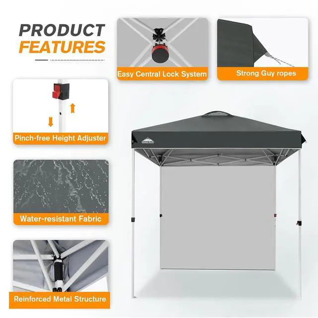 Alt view image 6 of 7 - Commercial Canopy 6.6x6.6 Pop Up Canopy Tent with 1 Sidewall, Easy Setup Heavy Duty Instant Event Shelter for Vendors & Markets, Outdoor Sun Shade, Gray