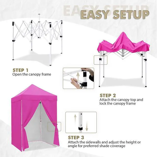 Alt view image 2 of 7 - 5x5 Instant Canopy with 4-Side Wall Panels, Small Pop up Portable Canopy Tent with Carry Bag, Light Weight Sun Shelter for Sports, Camping and Beach, Pink