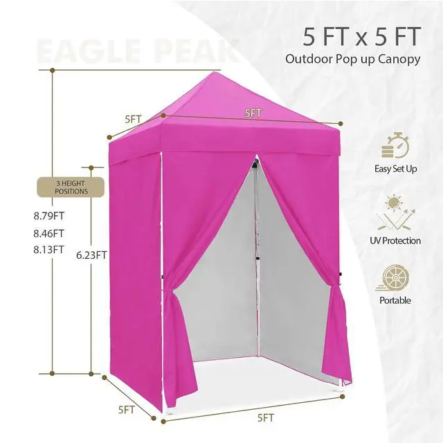 Alt view image 3 of 7 - 5x5 Instant Canopy with 4-Side Wall Panels, Small Pop up Portable Canopy Tent with Carry Bag, Light Weight Sun Shelter for Sports, Camping and Beach, Pink