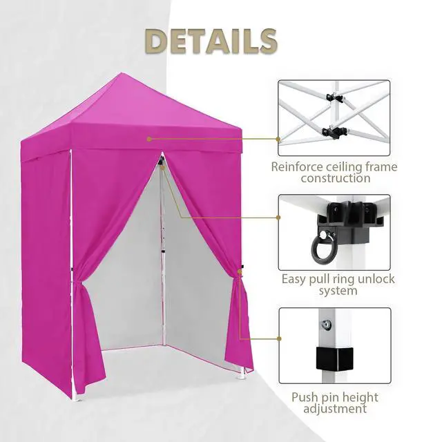 Alt view image 4 of 7 - 5x5 Instant Canopy with 4-Side Wall Panels, Small Pop up Portable Canopy Tent with Carry Bag, Light Weight Sun Shelter for Sports, Camping and Beach, Pink