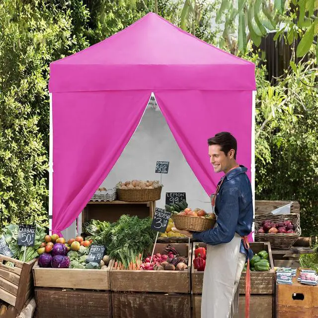 Alt view image 7 of 7 - 5x5 Instant Canopy with 4-Side Wall Panels, Small Pop up Portable Canopy Tent with Carry Bag, Light Weight Sun Shelter for Sports, Camping and Beach, Pink