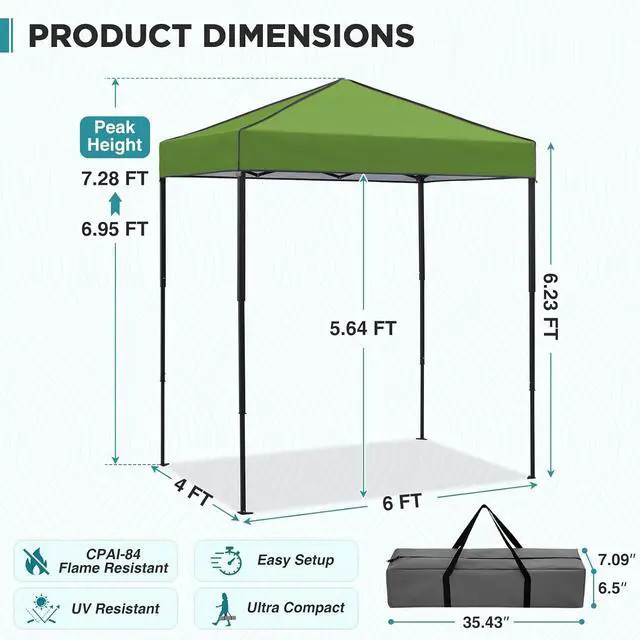 Alt view image 3 of 7 - 6x4 Instant Pop Up Canopy Tent, Straight Leg Sun Shelter, Portable Canopy with Carry Bag for Camping, Beach & Sports, Grass Green
