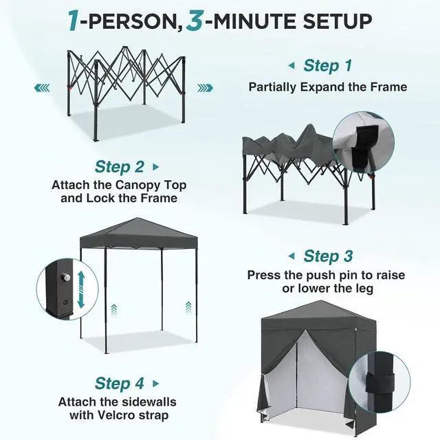 Alt view image 2 of 7 - 6x4 Instant Pop Up Canopy Tent with 4 Side Wall Panels, Straight Leg Sun Shelter, Portable Canopy with Carry Bag for Camping, Beach & Sports, Dark Gray