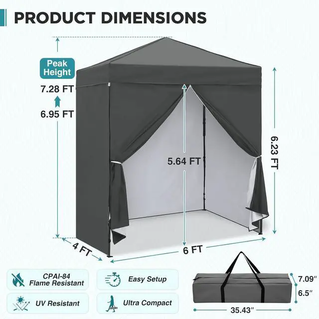 Alt view image 3 of 7 - 6x4 Instant Pop Up Canopy Tent with 4 Side Wall Panels, Straight Leg Sun Shelter, Portable Canopy with Carry Bag for Camping, Beach & Sports, Dark Gray