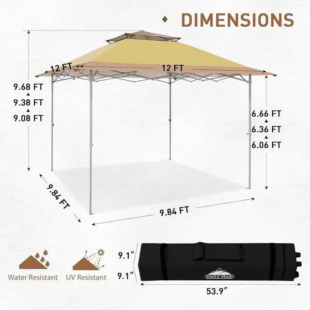 Alt view image 3 of 7 - 12x12 Pop up Canopy Tent, Easy Set up Folding Shelter with Auto Extending Awning 144 Square Feet Sun Shade, Beige