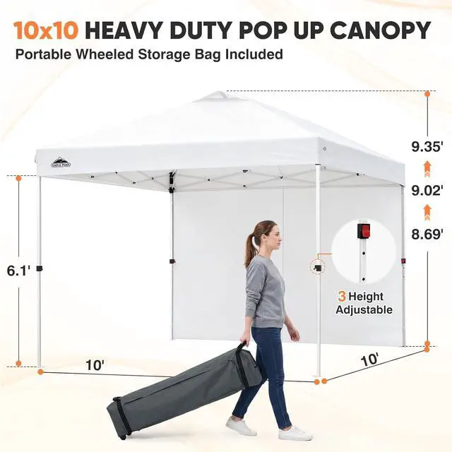 Alt view image 3 of 7 - 10x10 Commercial Pop Up Canopy Tent, White | Sidewall Included, Anti-Pooling Umbrella-Rib Roof, Easy 1-Person Setup, Vented Top, Wheeled Bag & Anchor Kit