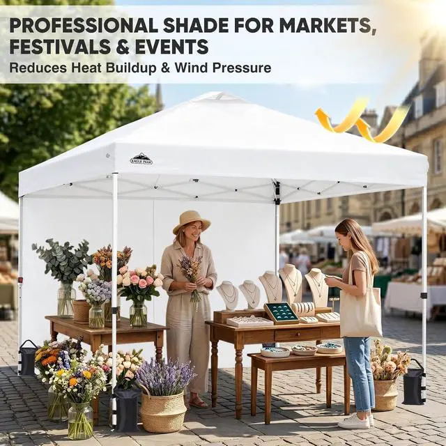 Alt view image 4 of 7 - 10x10 Commercial Pop Up Canopy Tent, White | Sidewall Included, Anti-Pooling Umbrella-Rib Roof, Easy 1-Person Setup, Vented Top, Wheeled Bag & Anchor Kit