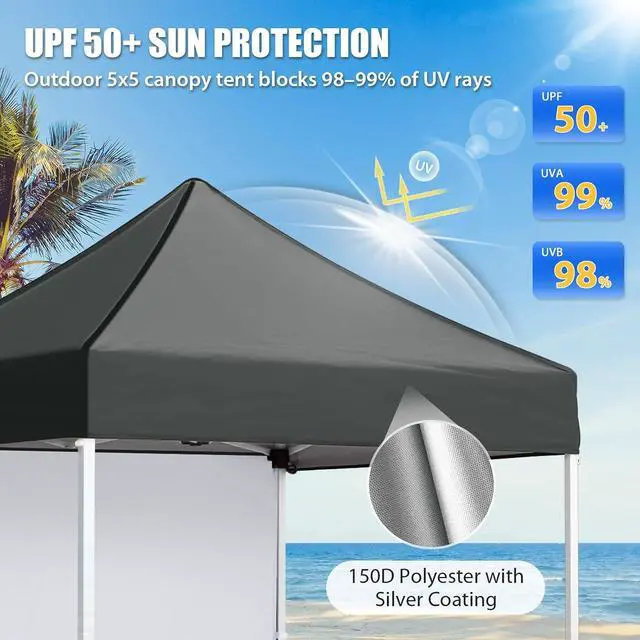 Alt view image 2 of 7 - Pop up Canopy 5x5, Outdoor Portable Canopy Tent with One Removable Sunwall, Carry Bag Included, Gray