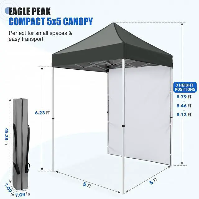 Alt view image 3 of 7 - Pop up Canopy 5x5, Outdoor Portable Canopy Tent with One Removable Sunwall, Carry Bag Included, Gray