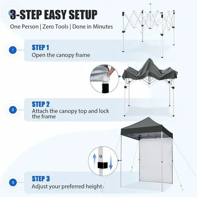 Alt view image 7 of 7 - Pop up Canopy 5x5, Outdoor Portable Canopy Tent with One Removable Sunwall, Carry Bag Included, Gray
