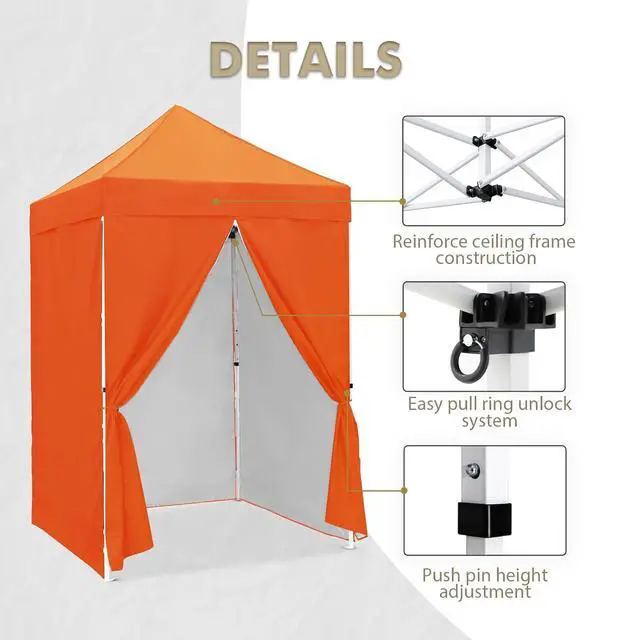 Alt view image 4 of 7 - 5x5 Instant Canopy with 4-Side Wall Panels, Small Pop up Portable Canopy Tent with Carry Bag, Light Weight Sun Shelter for Sports, Camping and Beach, Orange
