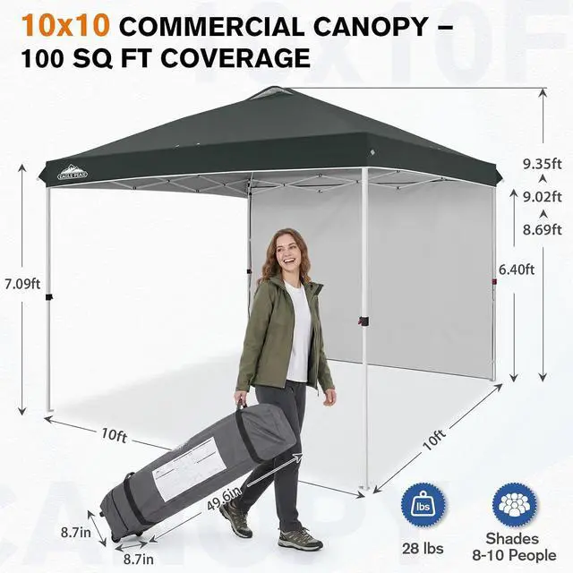 Alt view image 3 of 7 - Commercial Canopy 10x10 Pop Up Canopy Tent with 1 Sidewall, Easy Setup Heavy Duty Instant Event Shelter for Vendors & Markets, Outdoor Sun Shade, Gray