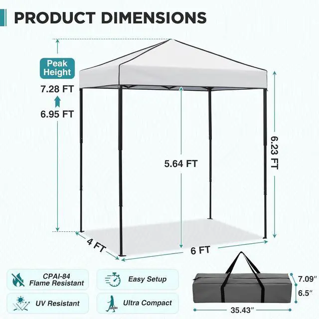 Alt view image 3 of 7 - 6x4 Instant Pop Up Canopy Tent, Straight Leg Sun Shelter, Portable Canopy with Carry Bag for Camping, Beach & Sports, White