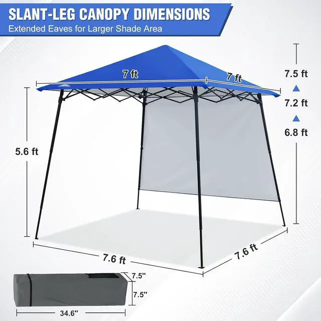 Alt view image 3 of 7 - 8x8 Pop Up Canopy Tent with Extended Eaves & Sidewall, Compact, Portable, Easy Setup Slant Leg Instant Shelter for Beach, Sports, & Camping, 8x8 Base 7x7 Top, Blue