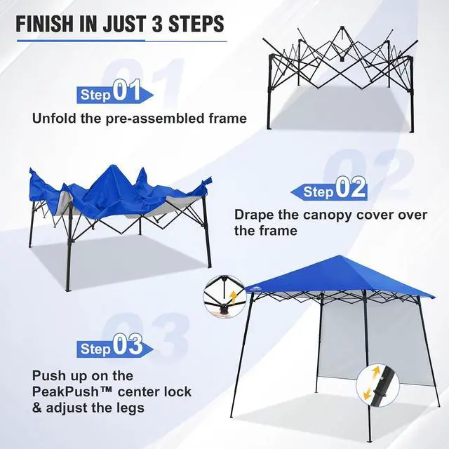 Alt view image 6 of 7 - 8x8 Pop Up Canopy Tent with Extended Eaves & Sidewall, Compact, Portable, Easy Setup Slant Leg Instant Shelter for Beach, Sports, & Camping, 8x8 Base 7x7 Top, Blue