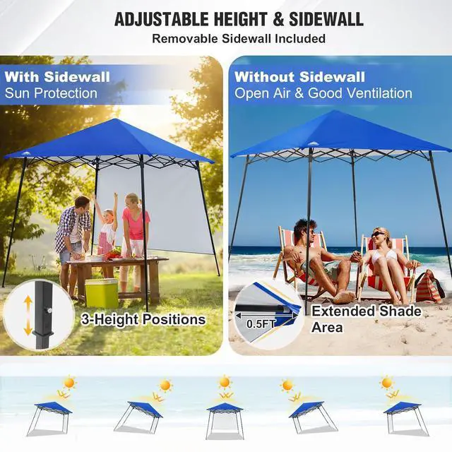 Alt view image 7 of 7 - 8x8 Pop Up Canopy Tent with Extended Eaves & Sidewall, Compact, Portable, Easy Setup Slant Leg Instant Shelter for Beach, Sports, & Camping, 8x8 Base 7x7 Top, Blue