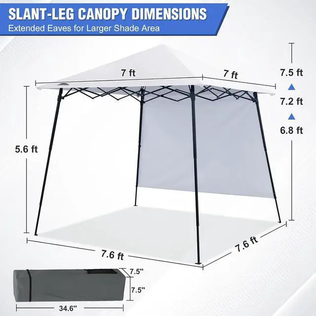Alt view image 3 of 7 - 8x8 Pop Up Canopy Tent with Extended Eaves & Sidewall, Compact, Portable, Easy Setup Slant Leg Instant Shelter for Beach, Sports, & Camping, 8x8 Base 7x7 Top, White