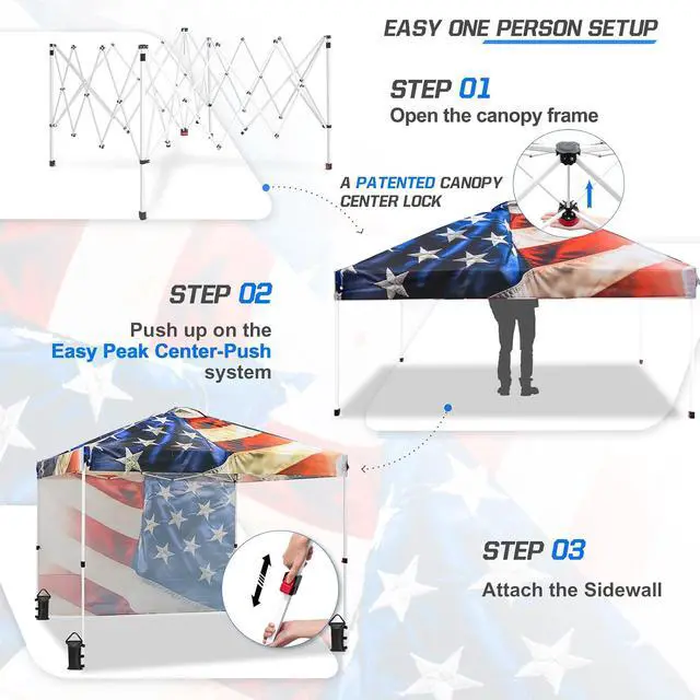 Alt view image 4 of 7 - Commercial Canopy 10x10 Pop Up Canopy Tent with 1 Sidewall, Easy Setup Heavy Duty Instant Event Shelter for Vendors & Markets, Outdoor Sun Shade, Stars and Stripes