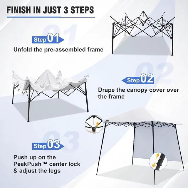 Alt view image 6 of 7 - 8x8 Pop Up Canopy Tent with Extended Eaves & Sidewall, Compact, Portable, Easy Setup Slant Leg Instant Shelter for Beach, Sports, & Camping, 8x8 Base 7x7 Top, White