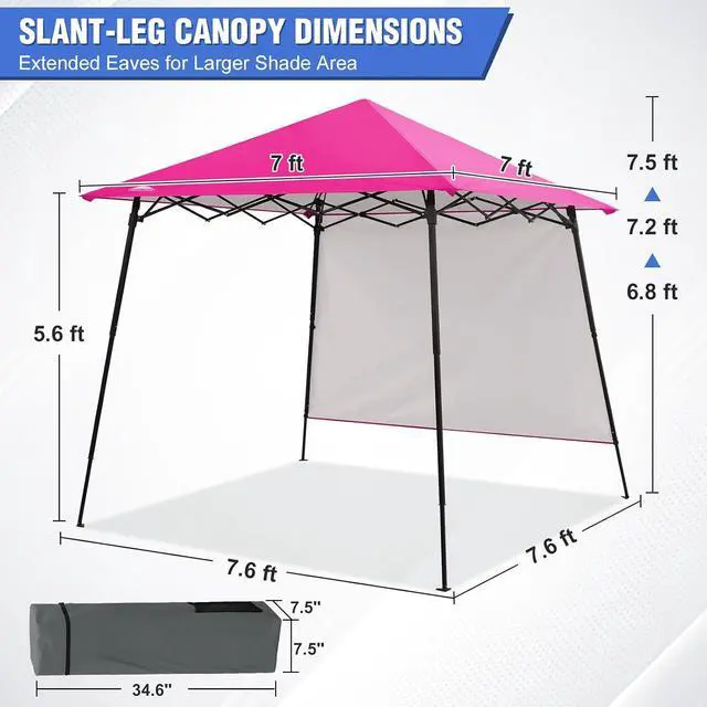 Alt view image 3 of 7 - 8x8 Pop Up Canopy Tent with Extended Eaves & Sidewall, Compact, Portable, Easy Setup Slant Leg Instant Shelter for Beach, Sports, & Camping, 8x8 Base 7x7 Top, Pink