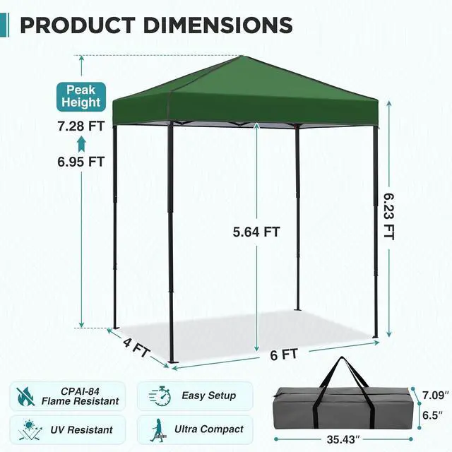 Alt view image 3 of 7 - 6x4 Instant Pop Up Canopy Tent, Straight Leg Sun Shelter, Portable Canopy with Carry Bag for Camping, Beach & Sports, Green