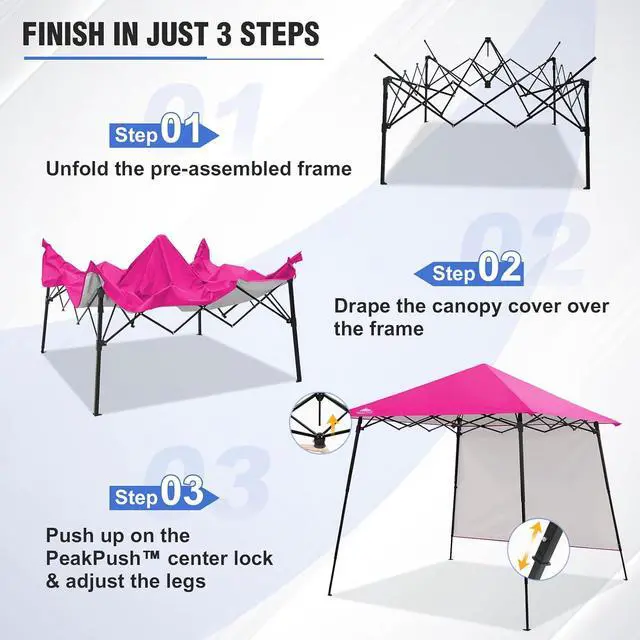 Alt view image 6 of 7 - 8x8 Pop Up Canopy Tent with Extended Eaves & Sidewall, Compact, Portable, Easy Setup Slant Leg Instant Shelter for Beach, Sports, & Camping, 8x8 Base 7x7 Top, Pink
