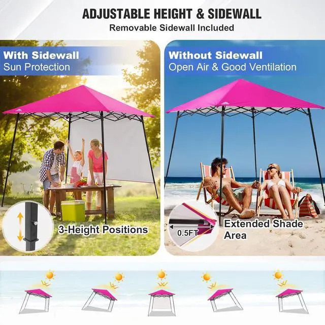 Alt view image 7 of 7 - 8x8 Pop Up Canopy Tent with Extended Eaves & Sidewall, Compact, Portable, Easy Setup Slant Leg Instant Shelter for Beach, Sports, & Camping, 8x8 Base 7x7 Top, Pink