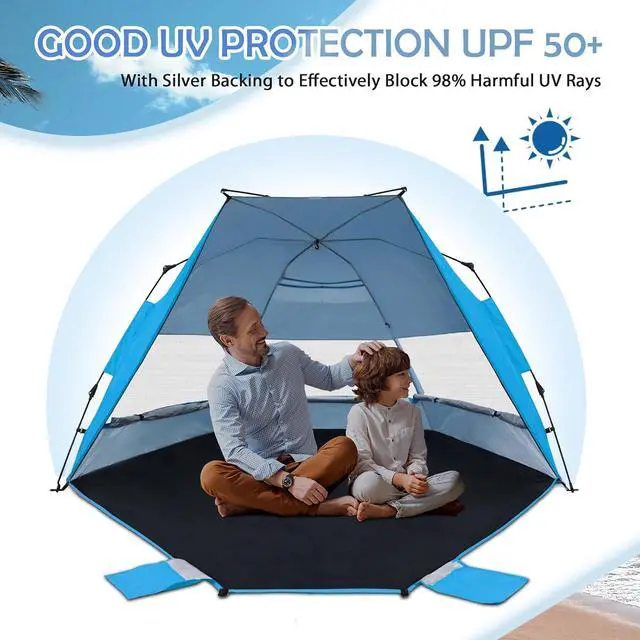 Alt view image 2 of 7 - Instant Beach Tent, Beach Canopy Sun Shade with Windows, 3-4 Person Pop up Tent with UPF50+ UV Protection, Easy Setup Cabana Shade, Light Blue