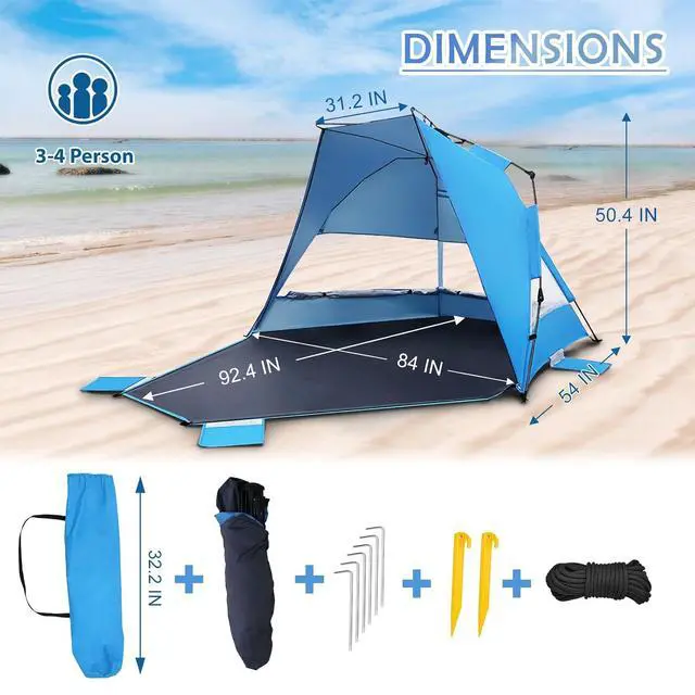 Alt view image 3 of 7 - Instant Beach Tent, Beach Canopy Sun Shade with Windows, 3-4 Person Pop up Tent with UPF50+ UV Protection, Easy Setup Cabana Shade, Light Blue