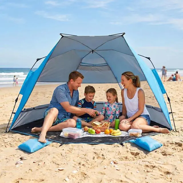 Alt view image 5 of 7 - Instant Beach Tent, Beach Canopy Sun Shade with Windows, 3-4 Person Pop up Tent with UPF50+ UV Protection, Easy Setup Cabana Shade, Light Blue