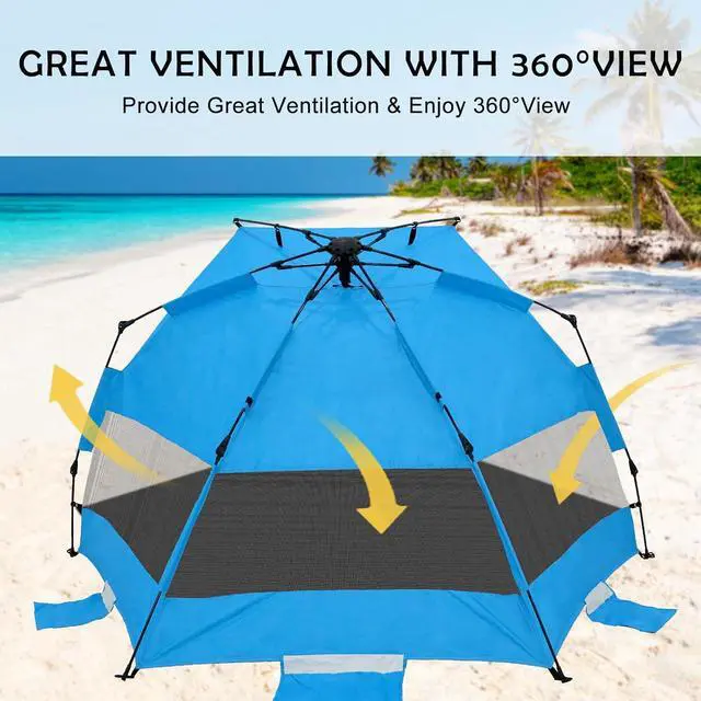 Alt view image 4 of 7 - Instant Beach Tent, Beach Canopy Sun Shade with Windows, 3-4 Person Pop up Tent with UPF50+ UV Protection, Easy Setup Cabana Shade, Light Blue